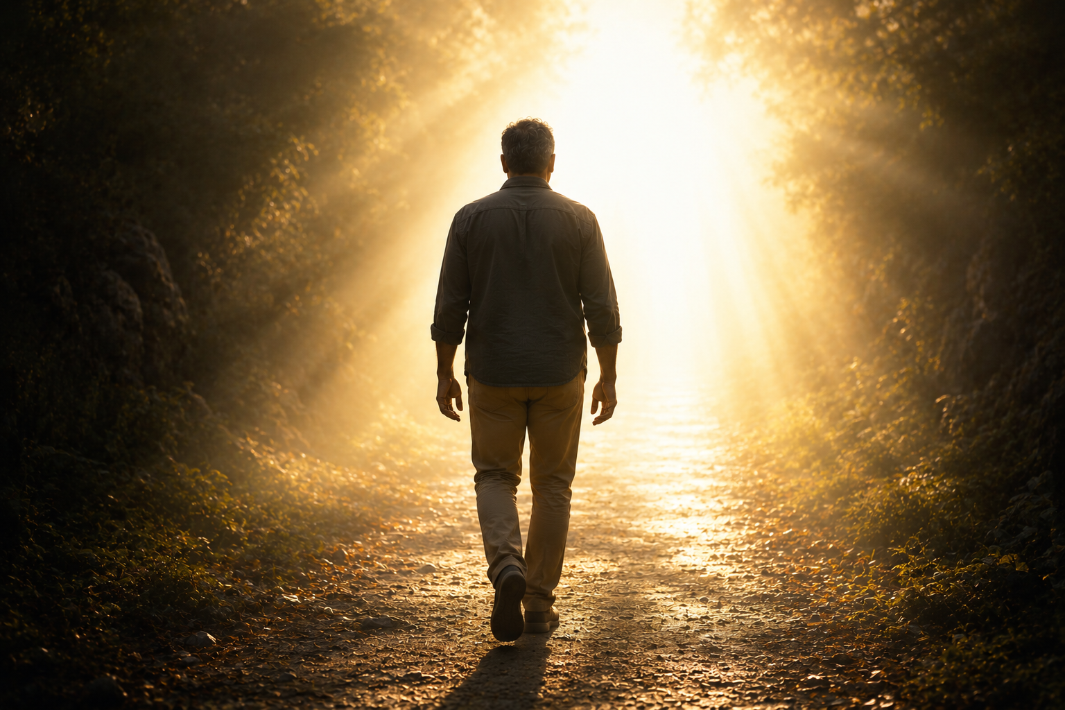 A person walking toward light